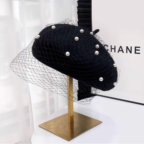 Berets Hat with Pearl French Beret Hats for Women Beret with Mesh Solid Color Hat for Winter Gift for Women in Kuwait