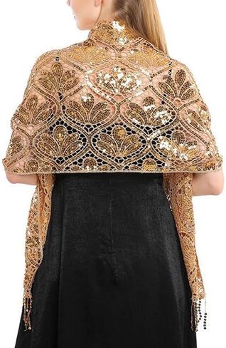 L'VOW Glittering 1920s Scarf for Women Mesh Sequin Wedding Cape Fringed Evening Shawl Wrap in Saudi Arabia
