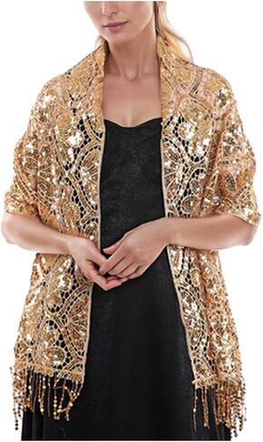 L'VOW Glittering 1920s Scarf for Women Mesh Sequin Wedding Cape Fringed Evening Shawl Wrap in Saudi Arabia