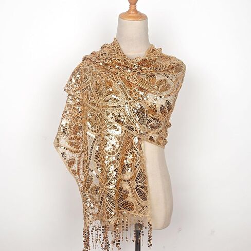 L'VOW Glittering 1920s Scarf for Women Mesh Sequin Wedding Cape Fringed Evening Shawl Wrap in Saudi Arabia