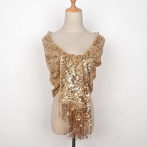 L'VOW Glittering 1920s Scarf for Women Mesh Sequin Wedding Cape Fringed Evening Shawl Wrap in Saudi Arabia
