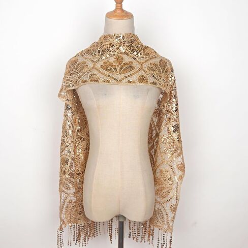 L'VOW Glittering 1920s Scarf for Women Mesh Sequin Wedding Cape Fringed Evening Shawl Wrap in Saudi Arabia