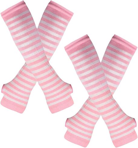 2 Pairs Long Striped Arm Warmers Winter Arm Sleeves Fingerless Knit Gloves Stretchy Thumb Hole Gloves in Saudi Arabia