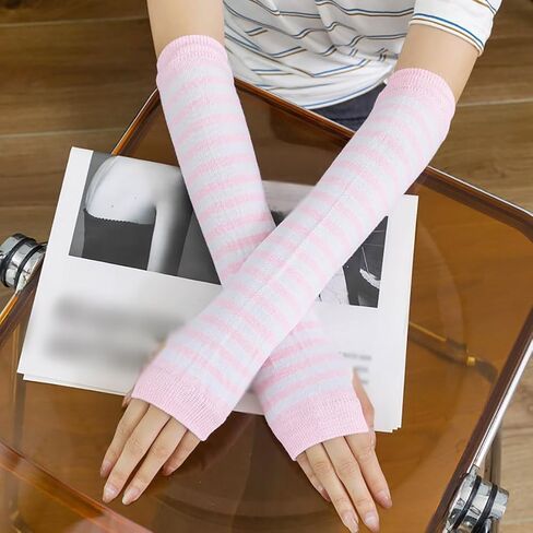 2 Pairs Long Striped Arm Warmers Winter Arm Sleeves Fingerless Knit Gloves Stretchy Thumb Hole Gloves in Saudi Arabia