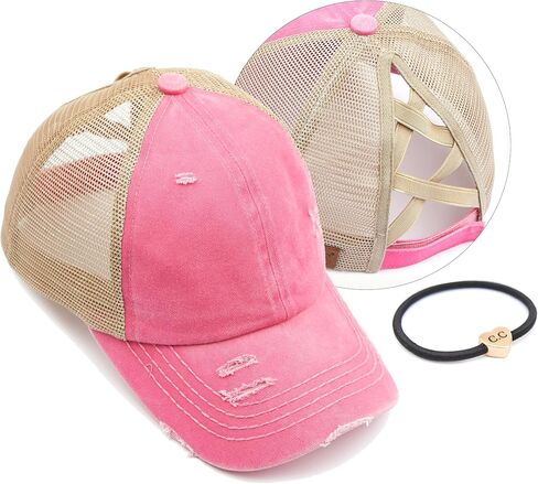 C.C Exclusives Washed Distressed Cotton Denim Criss-Cross Ponytail Hat Baseball Cap Bundle Hair Tie (BT-780)(BT-791) (A Elastic Band-Denim/Navy) in Kuwait