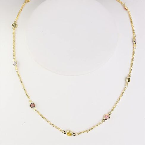 Gold Birthstone Station Necklace for Women - Delicate Simulated Diamond Necklaces Dainty Rainbow Candy Crystal Rhinestone CZ Chian Choker Gifts for Mother in Saudi Arabia
