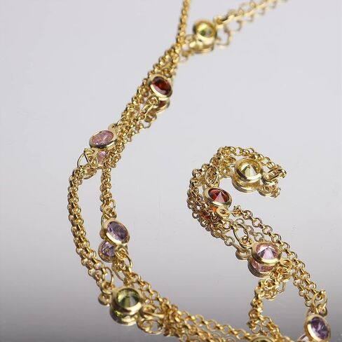 Gold Birthstone Station Necklace for Women - Delicate Simulated Diamond Necklaces Dainty Rainbow Candy Crystal Rhinestone CZ Chian Choker Gifts for Mother in Saudi Arabia