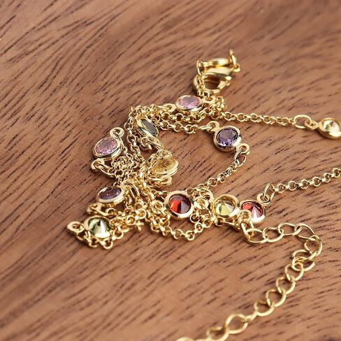 Gold Birthstone Station Necklace for Women - Delicate Simulated Diamond Necklaces Dainty Rainbow Candy Crystal Rhinestone CZ Chian Choker Gifts for Mother in Saudi Arabia