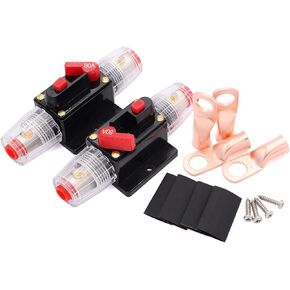 2 Pack Inline Circuit Breaker 50amp 12V with Manual Reset, PowMr Reset 50A Fuse Holder for Car Audio,Marine Boat,Switch and Solar Inverter System,with Wire Lugs and Heat Shrink Tube