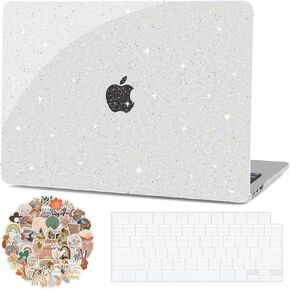 G JGOO Compatible with MacBook Air 13 inch Case 2024 2023 2022 Release M3 A3113 M2 A2681, Clear Glitter Plastic Hard Shell Case for MacBook Air 13.6 inch + Keyboard Cover + 50 Pcs Laptop Stickers