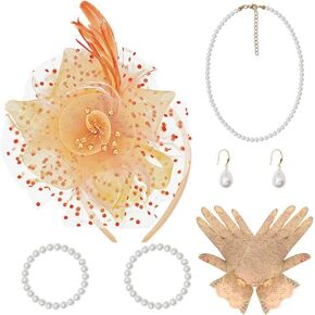 5 Pcs Fascinators Hat Set with Tea Party Headband Pearl Necklace Earrings Lace Gloves for Women Party Cocktail Wedding