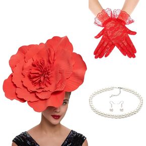 مجموعة من 4 قطع من قبعة الزهور الكبيرة للنساء وعصابة رأس لحفلات الشاي مع قفازات من الدانتيل ومجموعة أقراط قلادة للنساء والفتيات in Kuwait