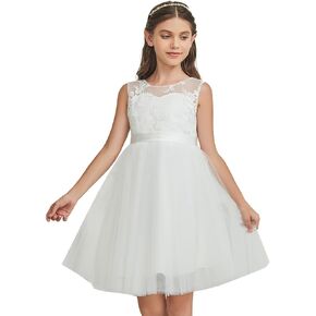 Abaowedding Lace Floral Sheer Neck Tulle Flower Girl Dress for Wedding Kids Tea Party Dress