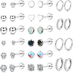 16 Pairs Surgical Steel Flat Back Earrings Set for Multiple Piercing Sensitive Ears Cartilage Hypoallergenic Earrings Small Huggie Hoop Earrings CZ Ball Stainless Steel Stud Earrings for Women Men