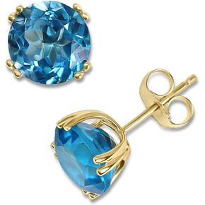 14K Yellow Gold 8mm Genuine Blue Topaz Round Stud Earrings