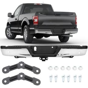 مجموعة ممتص الصدمات الخلفي مناسبة لـ 2015-2020 Ford F-150، مصد خلفي من الفولاذ المطلي بالكروم مع فتحات مستشعر مساعدة وقوف السيارات ووصلة المقطورة القصوى، FO1103191