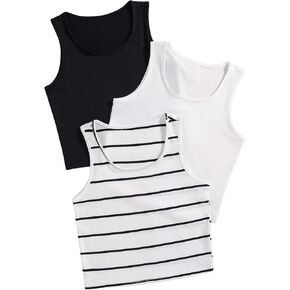 Verdusa Girl's 3 Pack Sleeveless Tops Striped Scoop Neck Basic Tank Top
