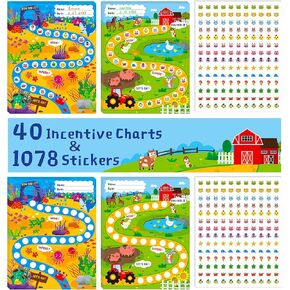 40 Pack Incentive Chart, 2 Adorable Designs with 1078 Stickers Classroom Teaching/Reward/Family Using for Kids Homework Assignments, Attendance, Positive Behavior, Chores, Potty Training Progress