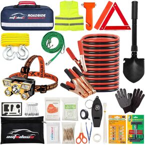 AUTODECO Car Roadside Emergency Kit, Portable Roadside Emergency Kits for Vehicles Car Safety Kit with Jumper Cables, Safety Hammer, Folding Shovel
