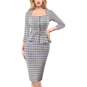 VFSHOW Womens Square Neck Peplum Buttons Belted Business Work Office Slim Pencil Sheath Dress