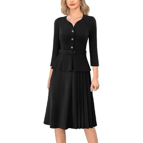 VFSHOW Womens 2024 Office Business Work Sweetheart Neckline Buttons Belted Peplum Pleated A-line Fit and Flare Dress