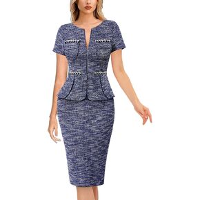 VFSHOW Womens 2024 Business Work Office Peplum Crew Neck Front Zipper Pockets Sheath Bodycon Dress