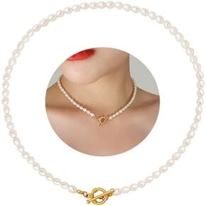 Freshwater Pearl Necklace, Genuine 5MM Oval Pearl Choker Stunning Real Pearl Necklace for Women Brides Wedding Jewelry Present