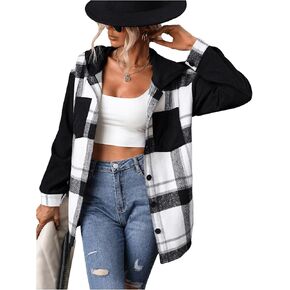 GORGLITTER Women's Plaid Shacket Jacket Long Sleeve Flannel Button Down Hoodie Coats
