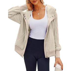 Zeagoo Womens Corduroy Knit Hoodies Zip Up Shirt Jacket Slouchy Short Jackets Casual Long Sleeve Shackets