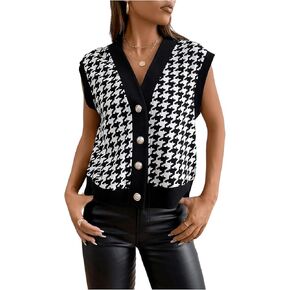 Verdusa Women's Button Front V Neck Sleeveless Houndstooth Print Knitted Sweater Vest