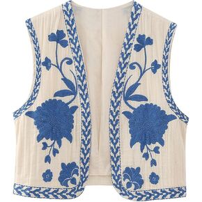 Flygo Floral Embroidered Vest Women Vintage Boho Vest Sleeveless Open Front Cardigan Waistcoat Cropped Vests