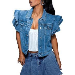 LifeShe Ruffle Sleeve Cropped Denim Jacket for Women Summer Button Down Crop Jean Jacket Casual 2024