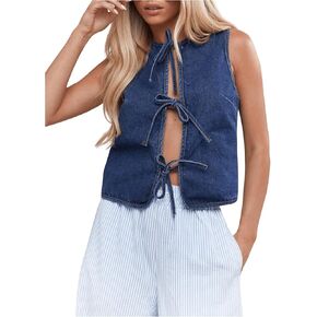 MakeMeChic Women's Jean Vest Tie Front Sleeveless Crop Denim Vest Top Jackets