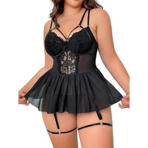 JuicyRose Sexy Plus Lingerie with Underwire Contrast Lace Mesh Garter Babydoll 4pcs Set