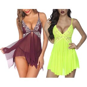 Avidlove Women Lace Lingerie Babydoll Chemise V Neck Nightwear Chemise Nightie(Fluorescent Green,Lilac,S)