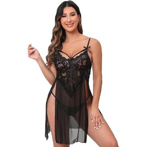 YaShaer Lingerie for Women Lace Babydoll Strap Chemise Nightgown V Neck Sleepwear Sexy Mesh Side Slit Nighty S-3XL