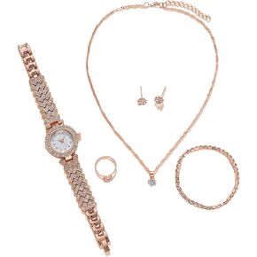 CdyBox Watch Sets Gifts for Women Diamond Bangle Necklace Earrings Ring Watches 5 Pack Dress Jewelry Watch for Female