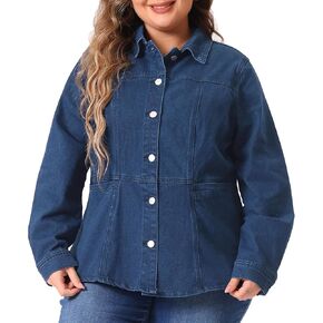 Agnes Orinda Plus Size Women's Denim Jackets Long Sleeves Front Washed Button With Pockets Jean Jacket