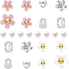 NEVEGE Flower Shoe Charms 25PC Flower Charms with Pearl Shoe Charms Cute White Pink Flower Shoe Charms Rhinestone Crystal Charms Bling Shoe Charms for Girls