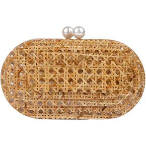 Women Acrylic Rattan Clutch Purse Rattan Woven Evening Bag Wedding Party Purse Summer Beach Wicker Shoulder Handbag