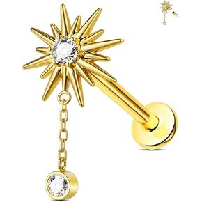 Jewseen 14K Solid Gold Threadless Flat Back Earrings 16g Cartilage Stud Dangle Tragus Stud Earrings for Women Men