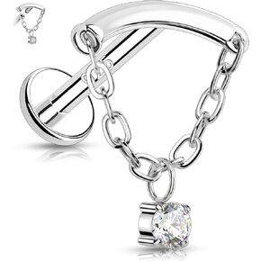 Melighting Sterling Silver 925 Cartilage Earring Chain Helix Earring Internally Threaded 16G Silver Dangle Tragus Piercing Jewelry for Women Silver Flat Back Earring 8mm Clear CZ