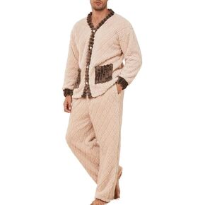 U2SKIIN Mens Pajama Sets， Soft Plush Pajamas for Men Long Sleeve Button Down Sleepwear Set Fuzzy Loungewear