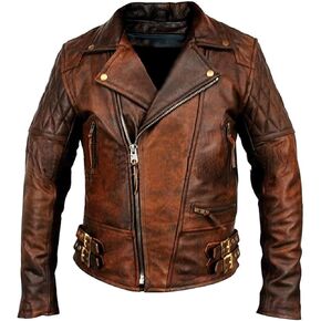 Mens Biker Motorcycle Vintage Distressed Brown Winter Leather Jacket Medium