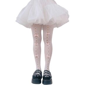 OYOANGLE Women's Bow Knot Hollow Out Lace Tights Thigh High Fishnet Stockings Pantyhose