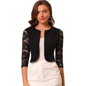 Allegra K Women's 3/4 Sleeve Floral Lace Shrug Top Open Front Work Office Bolero Cardigan