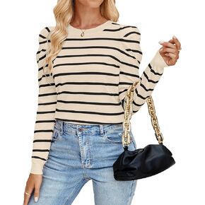 ZESICA Women's Striped Puff Long Sleeve Tops Fall Crewneck Ribbed Knit Casual Pullover Sweaters