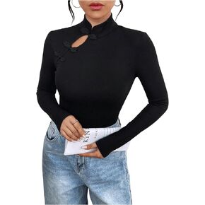 SweatyRocks Women's Long Sleeve Knit Ribbed Cheongsam Button up Mock Neck Tops