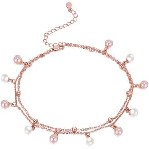 CRMAD Rose Pearl Anklet for Women S925 Sterling Silver Adjustable Pearl Bead Layered Plus Ankle Bracelet Beach Jewelry Gift (rose)