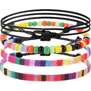 Yinkin 4 Pcs Boho Surfer Bracelet Ankle Adjustable Beaded Anklets Unisex Handmade Braided Bracelet Waterproof Surfer Beach Bracelet Anklet Bracelet String Rope Jewelry for Women Men